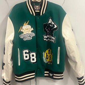 Green & White Varsity Jacket with Patch Details